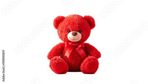 A red teddy bear with a bow sits on a black background