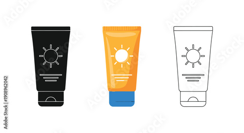 Set of three sunscreen lotion tubes illustrations in silhouette, color, and outline