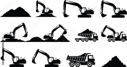 Excavator loading soil into dump truck, construction silhouette sequence, earthmoving process illustration, heavy machinery workflow, excavation stages, industrial equipment operation