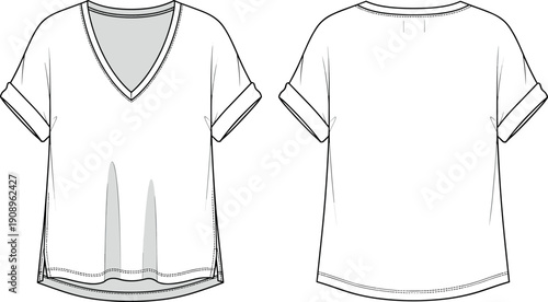 Women's V-Neck T-Shirt Technical Fashion Flat Sketch Vector Illustration with Rolled Sleeves, Side Slits, and Curved Hemline