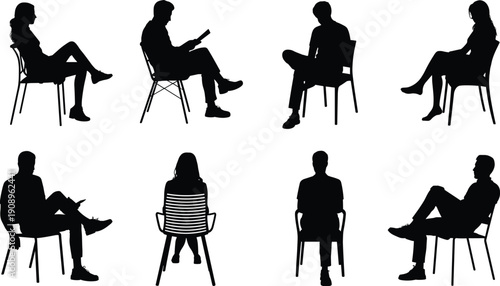 People sitting silhouettes, chair postures, reading book, crossed legs, ergonomic design, black vector illustration, lifestyle artwork, human figure
