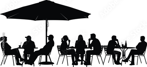 Silhouette of people sitting at outdoor cafe under large umbrella isolated on white background, social dining concept