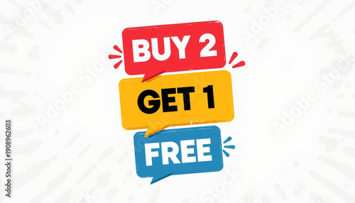 A colorful advertisement sign offering a buy two get one free deal