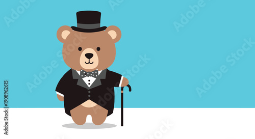 An adorable and dapper cartoon teddy bear dressed up as a gentleman in a full tuxedo with a top hat and a walking cane.
