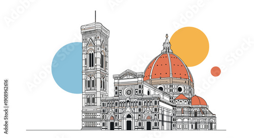 A beautiful line art illustration of the famous Florence Cathedral in Italy with its iconic dome and bell tower and colorful circles.