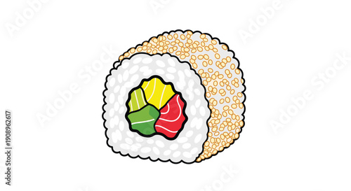 A detailed illustration of a single piece of an inside-out uramaki sushi roll covered in sesame seeds and filled with fresh fish.