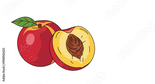 A vibrant and juicy illustration of a whole ripe peach next to a halved one showing the stone and the colorful flesh inside.