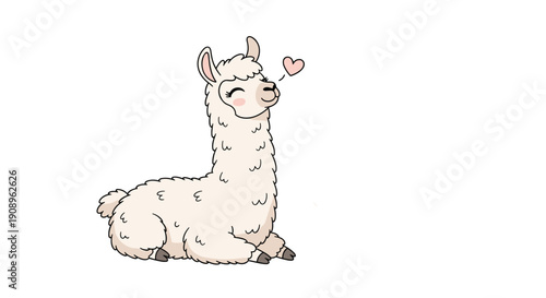 A sweet and charming cartoon llama with fluffy fur lying down and sending a kiss represented by a floating pink heart.