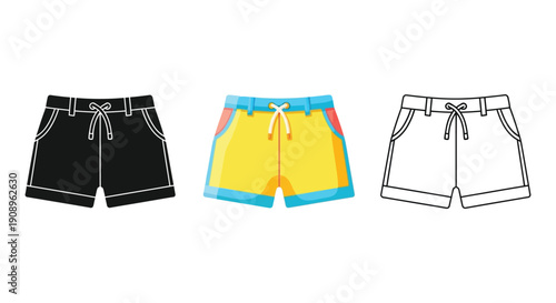 Set of three shorts illustrations in silhouette, color, and outline