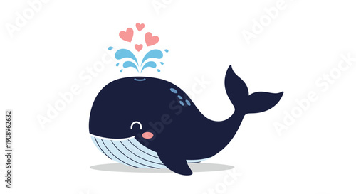 An adorable and happy cartoon whale spouting a fountain of water and pink hearts from its blowhole on a white background.