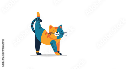 A unique and playful cartoon cat with a split two-color design of blue and orange stretching happily on a white background.