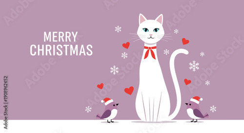 A charming christmas card design featuring an elegant white cat with little birds wearing santa hats and snowflakes falling around.