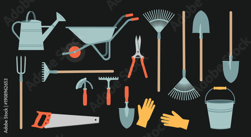 A complete and essential collection of various gardening tools and equipment shown in a simple flat design on a dark background.