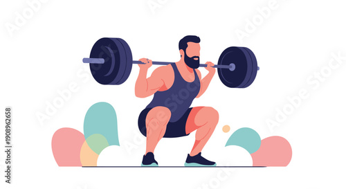 A strong and muscular bearded man performing a heavy barbell squat exercise in a modern flat illustration style with abstract shapes.