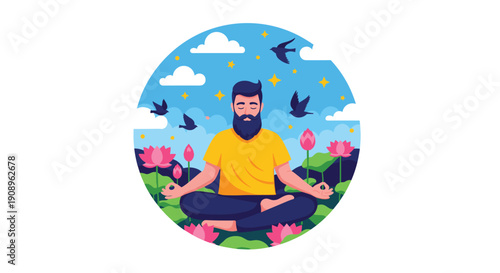 A peaceful bearded man meditating in a lotus yoga pose surrounded by nature with lotus flowers birds and a starry night sky.