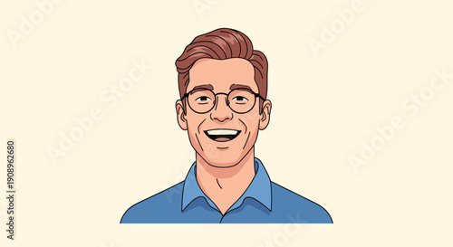 A bright and cheerful cartoon portrait of a happy young man with brown hair and glasses laughing against a light background.