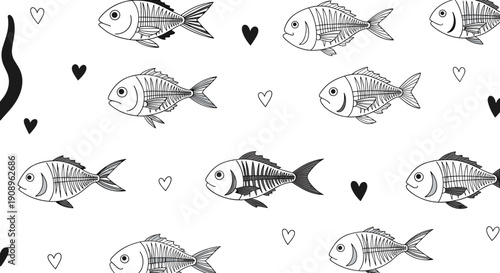 A quirky seamless pattern featuring black and white x-ray fish skeletons and small hearts on a clean white background for design.