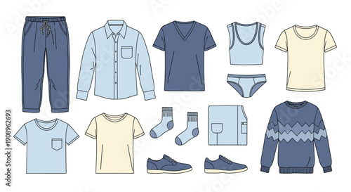 A complete set of stylish men's casual clothing and accessories including shirts pants a sweater shoes and underwear for a wardrobe.