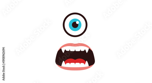 A simple and funny cartoon illustration of a monster face with one big blue eye and a wide open mouth showing sharp teeth.