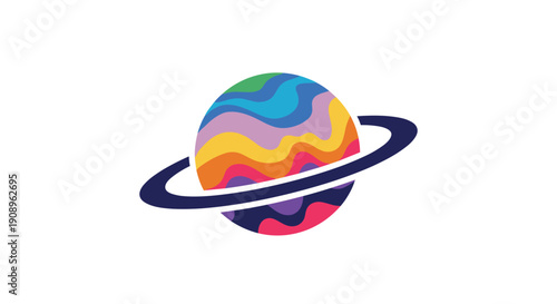 A modern and abstract logo of a planet with a ring featuring a vibrant and colorful wavy pattern representing diversity or creativity.