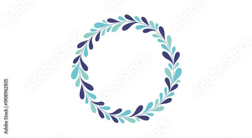 A simple and elegant circular wreath made from beautiful leaves in various shades of blue and turquoise on a white background.