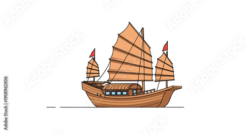 A traditional wooden Chinese junk ship with characteristic battened sails and red flags is illustrated sailing on the water.