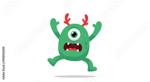 A joyful and energetic one-eyed green monster character with small red antlers is jumping in the air with a big open smile.