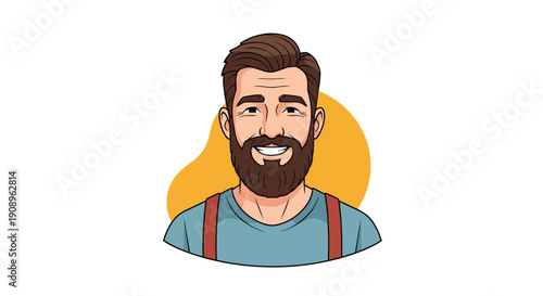 A friendly and happy man with a thick brown beard and stylish hair is smiling in this cartoon portrait with an orange blob background.