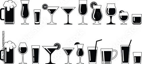 Black icons of various alcoholic drinks, cocktails, beer mugs, and wine glasses, perfect for bar menus, nightlife, hospitality, and celebrations.
