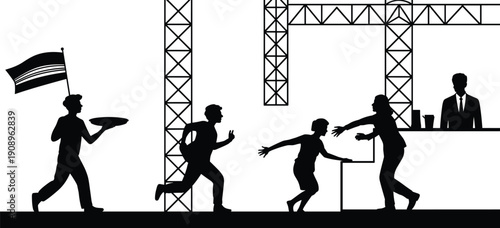 Silhouettes of people running with flags and food near construction cranes, representing grand openings, stadium events, hospitality, and business development.