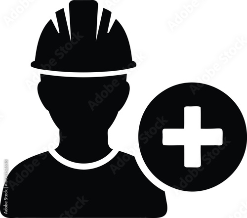 A silhouetted figure wearing a hard hat with a white plus sign overlaid on a black background
