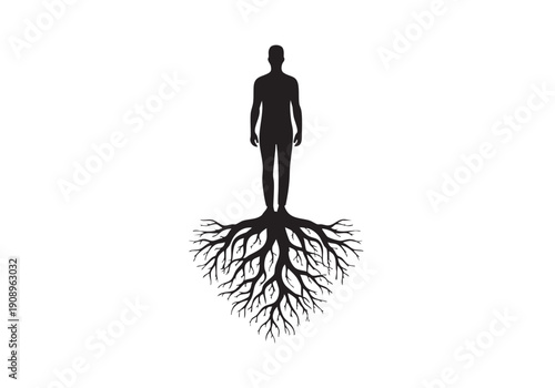 Human silhouette with tree root system beneath, concept illustration of connection between humanity and nature.