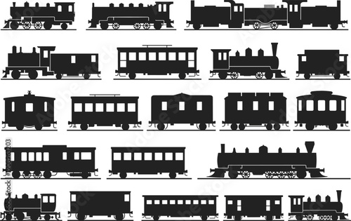 Vintage train silhouettes, steam locomotives, trolley cars, railway transport artwork, historical design, black vector illustration, cargo passenger vehicles
