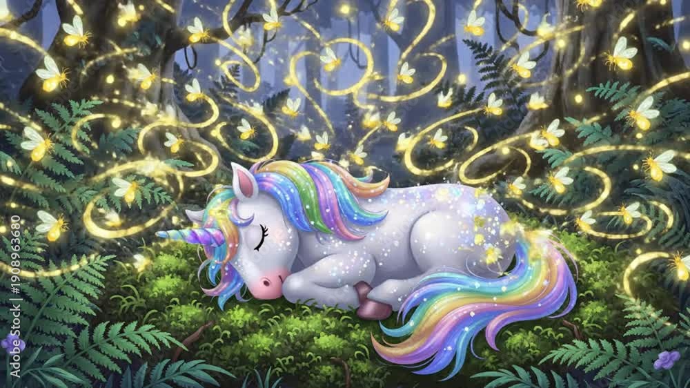 custom made wallpaper toronto digitalA serene white unicorn sleeps peacefully on lush green grass in a mystical forest at night, surrounded by sparkling string lights