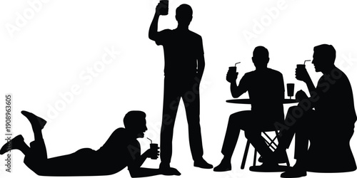 Silhouettes of men enjoying drinks in various poses, standing, sitting at a table, and lying down, representing friendship, summer, and social gathering.
