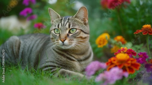 Wallpaper Mural A tabby cat lying in a garden with colorful flowers Torontodigital.ca