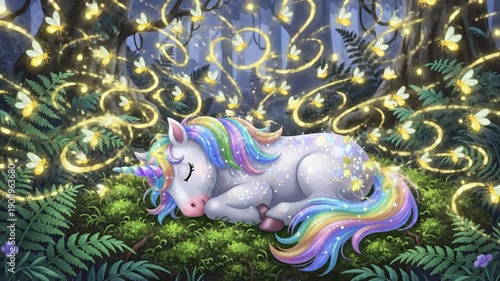 Wallpaper Mural A serene white unicorn sleeps peacefully on lush green grass in a mystical forest at night, surrounded by sparkling string lights Torontodigital.ca
