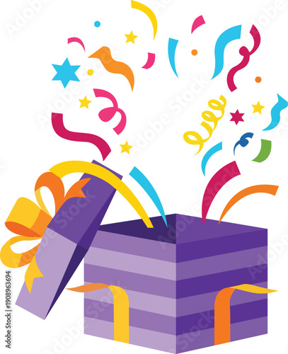 Digital Open gift box vector bursting with confetti, ribbons, and stars, perfect for celebration designs, holiday promotions, birthday graphics, party invitations, festive marketing