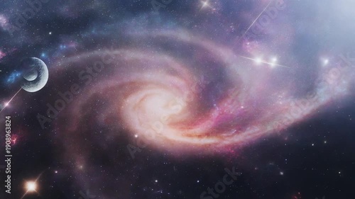 Wallpaper Mural A vibrant spiral galaxy swirls with purple, pink, and white hues in deep space, surrounded by stars and a crescent moon-like object Torontodigital.ca