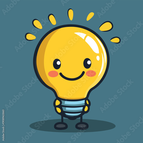 A simple cartoon character experiencing a sudden moment of creative inspiration, illustrated by a glowing yellow lightbulb popping up above its head , vector style simple color