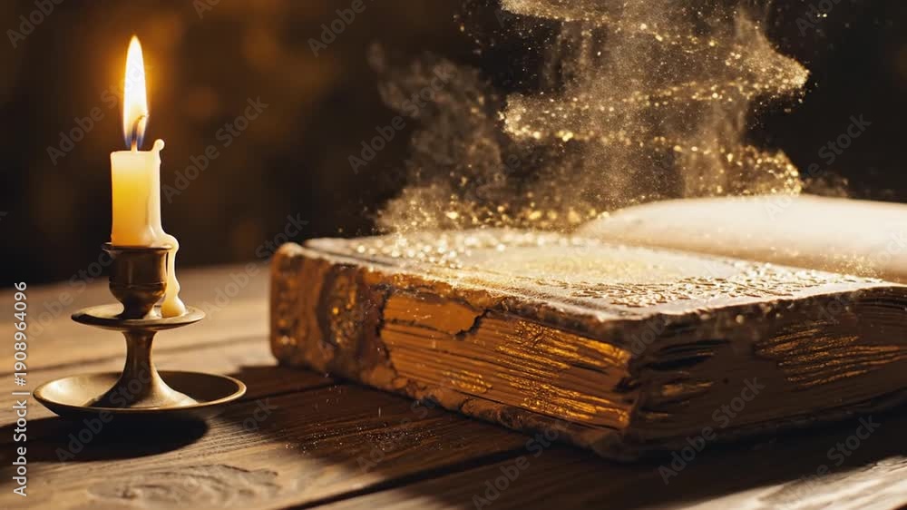 custom made wallpaper toronto digitalAncient book with mystical dust and candle on wooden table in dark room