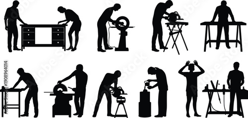 Woodworking silhouettes, carpentry activities, measuring, sanding, cutting, assembling furniture, power tools, circular saw, drill, grinder, workbench, DIY projects