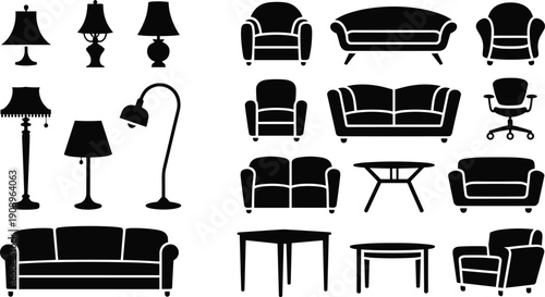 Black Silhouette Furniture and Lamps Collection, Vector Icons