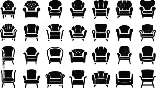 Collection of Armchair Silhouettes, Diverse Styles, Isolated Vector Icons