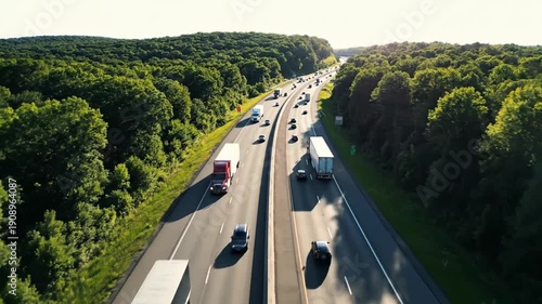 Wallpaper Mural Aerial view of busy highway with trucks and cars on multiple lanes surrounded by lush green trees on a sunny day, possibly used for transportation or travel concepts Torontodigital.ca