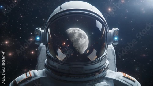Astronaut wearing helmet with moon reflection in space