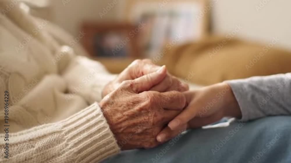 custom made wallpaper toronto digitalClose-up of elderly person's wrinkled hands holding a child's hand, sitting in a living room with blurred background