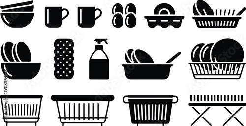 Kitchen Dishwashing Icons: Bowls, Mugs, Eggs, Racks, Sprayer, Sponge