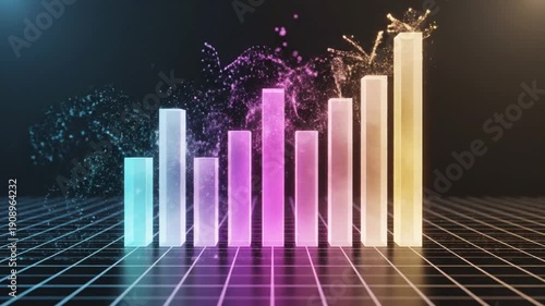 Wallpaper Mural Colorful 3D bar chart with abstract shapes exploding in background on grid floor, indicating data analysis and growth in digital space Torontodigital.ca