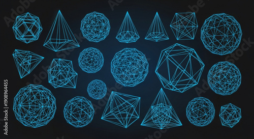 A collection of blue wireframe geometric shapes on a dark background